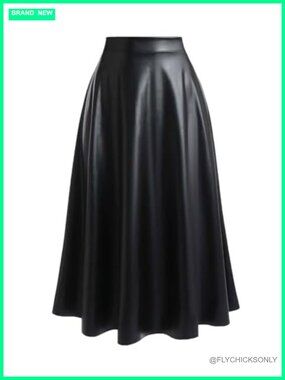 Plus Size Faux Leather High Waisted A Line Long Skirt Flowy Flare
